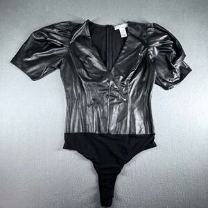 A. Calin Flying Tomato Faux Leather Bodysuit Womens Small Black Excellent Puff S